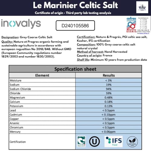 Le Marinier Celtic Salt Organic Grey Coarse, 1.1lb - 18oz. Mineral Rich 100% Natural and Unrefined French Sea Salt Organic. Hand Harvested Mineral Sea Salt, Sel Gris (1.1lb Grey Coarse)