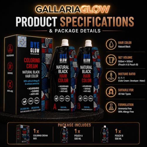 GALLARIAGLOW DyeGlow Hair Color Cream – Natural Black | Ammonia-Free & Non-Allergic Hair Dye | Nourishing & Anti-Aging Formula | 1000ml (500ml + 500ml)