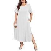 BELAROI Women Maxi Dress Casual Summer Crew Neck Short Sleeve Midi Tshirt Dress with Pockets Beach Cover Ups