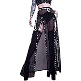 Goth Double Slit Maxi Skirt for Women Punk Black See Through Sheer Mesh Long Split Skirts