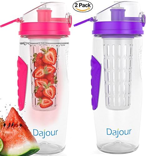 Fruit Infuser Water Bottle 32 Ounce NO BPA Sports Flavor Infusion Bottle - PLUS Recipe Ebook and Cleaning Brush INCLUDED (2 PACK - PINK&PURPLE)