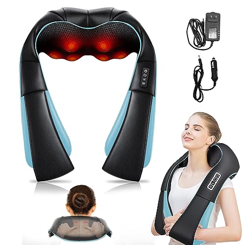 Masajeador de Espalda, Masajeador de Cuello y hombros con Calor para Alivio del Dolor Muscular,Masaje Cuello Shiatsu con 4D Rotación y 3 Velocidades, 8 Cabezales de Masaje,Negro Y Azul