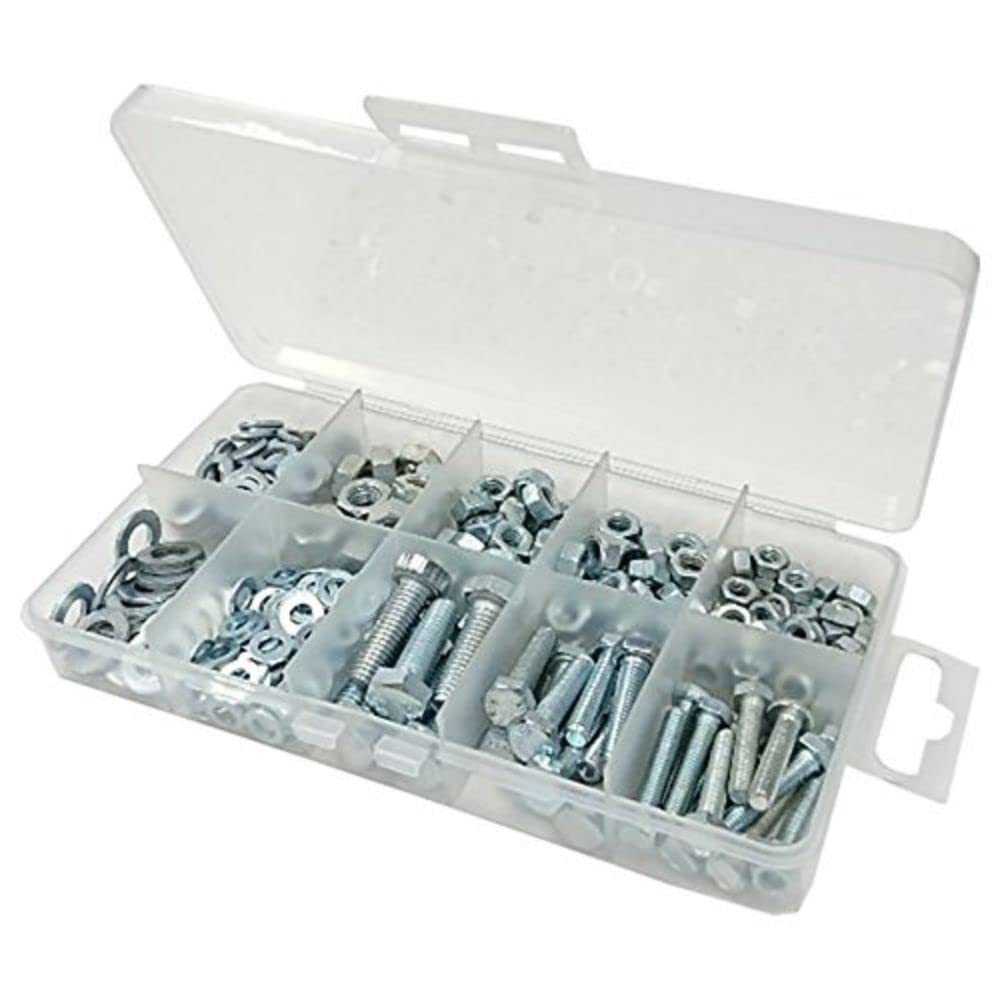 Merriway BH06571 (180 Pcs) Assortment of BZP Head Bolts, Hex Nuts and Flat Washers in a 10 Compartment Carry Case - Pack of 180 Pieces