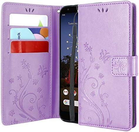 Lacass Floral Butterfly PU Leather Flip Wallet Case Cover Kickstand with Card Slots and Wrist Strap for Samsung Galaxy A70 SM-A705M/DS Case (Light Purple)