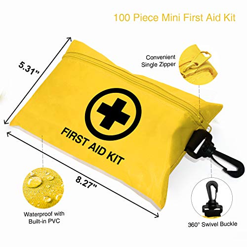 Small First Aid Kit, 100 Pieces Compact Waterproof Mini Emergency Survival Kit FDA OSHA Compliant for Home, Workplace, Vehicle, Travel, Camping, Backpacking Outdoor (Yellow)