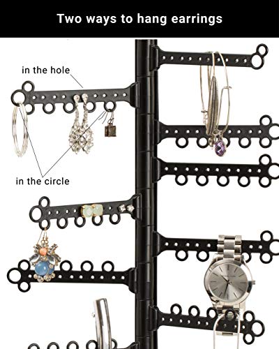 All Hung Up 12-Tier Jewelry Organizer 17” | 120-Hole Earring Organizer | Wall Mount Hanging Jewelry Holder | Bracelet Necklace Display | Rotating Plastic Branches, Metal Bracket, Command Strips(Black)