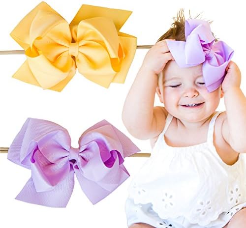 2 Baby Girl Large Easter Hair Bows on Nylon Headbands | 6" Yellow &amp; Purple Ribbon Pack | By Scarlett Robin