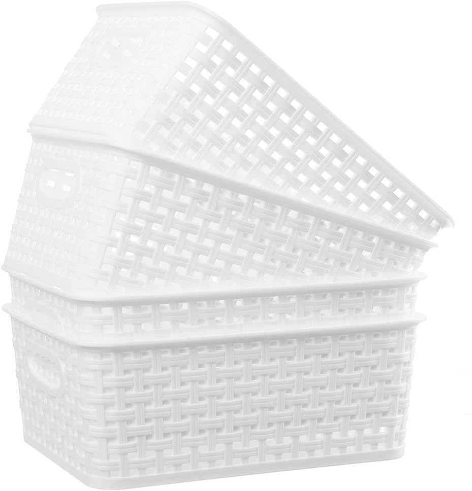 Woven Plastic Storage Basket, 4 Pack White Weave Basket for Home Kitchen Desktop