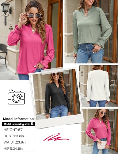 AMORETU WOMENS LACE T SHIRTS CASUAL V NECK TOPS PUFF LONG SLEEVE SHIRTS BLOUSE, WHITE S