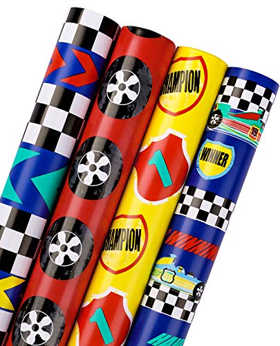 WRAPAHOLIC 30 Inch Racing Car Wrapping Paper - Jumbo Roll Birthday Wrapping Pape for Kids Boys Birthday, Baby Shower - 4 Rolls - 30 Inch X 120 Inch Per Roll