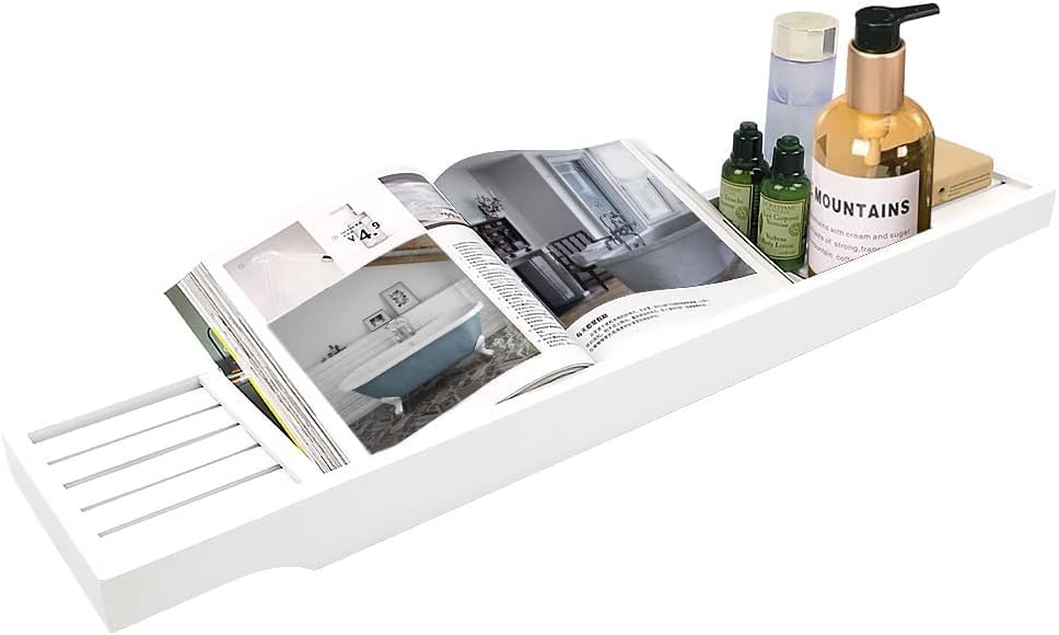 MantraRaj Bamboo Bath Caddy Tray Bridge White Wooden Bathtub Tray Rack Tidy Bath Rack Bath Accessories Bathroom Shelf Organizer Bath Table Bathroom Board Storage Bath Tub for Reading, Tablet, Kindle