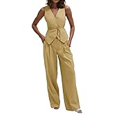 Cicy Bell Womens 2 Piece Outfits V Neck Tie Waist Blazer Vest and Wide Leg Business Casual Suit Pants Sets