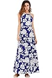 Ayliss Women's Halter Strap Maxi Dress Navy Blue with White Flower Elegant Dress,M