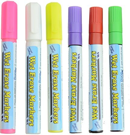ComeAlong Industries Wet Erase Write-On Board Markers Includes Green, Pink, Purple, Red, White, and Yellow (Pack of 6 Markers)