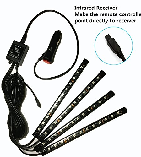 Safe View Car LED Strip Light, 4pcs 48 LED DC 12V Multicolor Music Car Interior Light LED Under Dash Lighting Kit with Sound Active Function and Wireless Remote Control, Car Charger