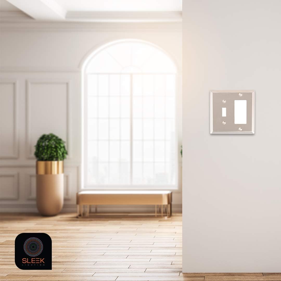 Pack of 4 Wall Plate Outlet Switch Covers by SleekLighting | Decorative Satin Nickel | Variety of Styles: Decorator/Duplex/Toggle & Combo| Size: 1 Gang Toggle - - 