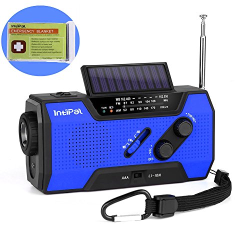 IntiPal 2000mAh Emergency Solar Hand Crank Radio with AM/FM/NOAA Weather Channel, 1W LED Bright Zoom Flashlight, 4 LED Reading Lamp, Support 4 Ways to Charge - with Emergency Blanket