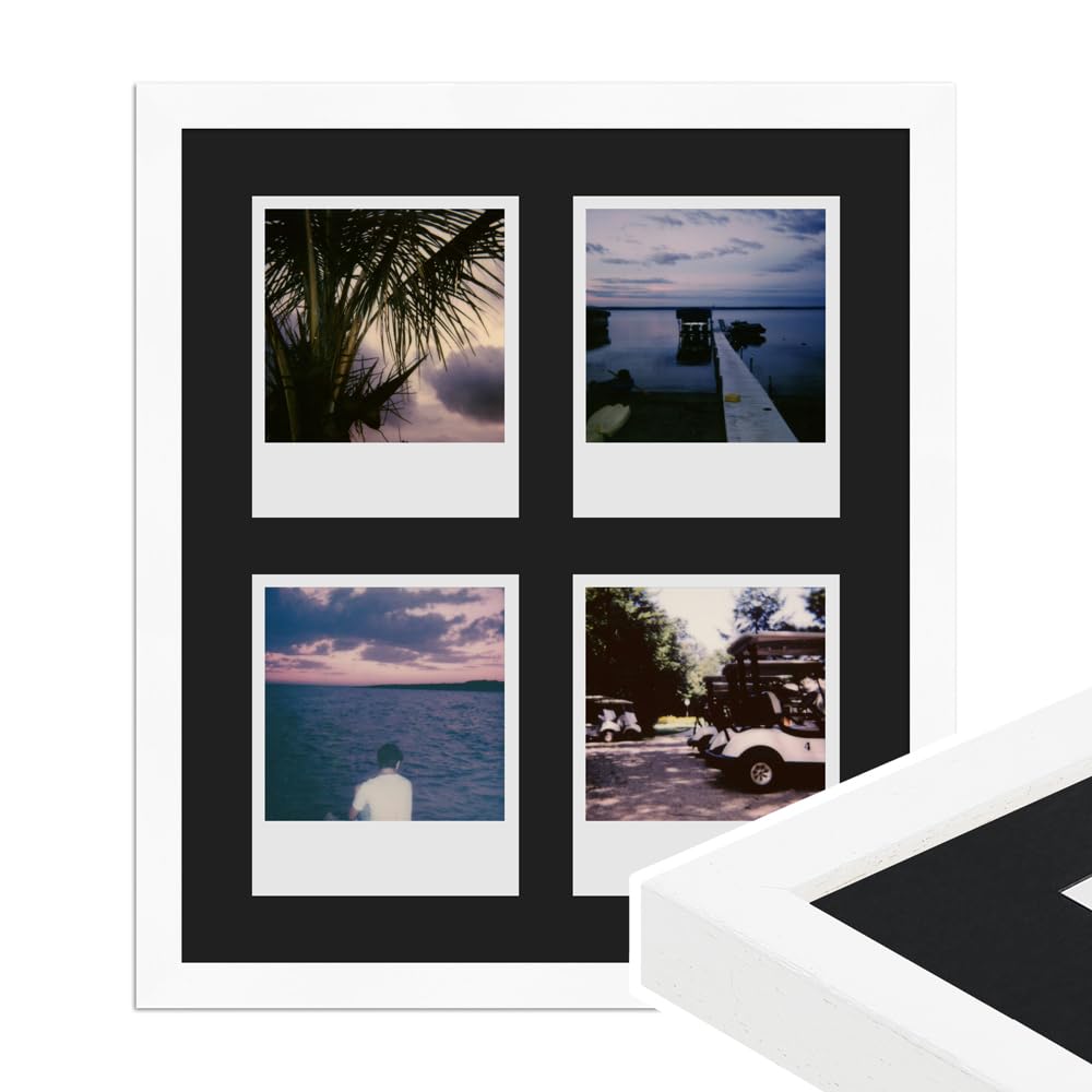 WANDStyle Frame for Polaroid Pictures Series H950 White Grained Normal Glass with Black Mount for 4 Polaroids