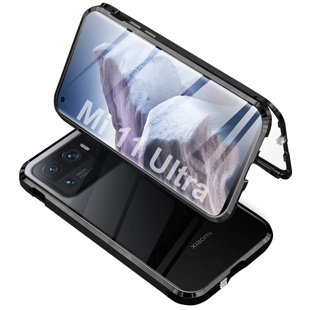 Case Compatible with Xiaomi Mi 11 Ultra, Magnetic Adsorption with Lock Design, 360 Protection Front Back Tempered Glass Aluminum Frame Cover, Shockproof Transparent Case, Black