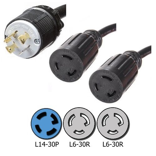 NEMA L14-30P to 2x L6-30R Y Splitter Cord - 10 Foot, 30A, 125/250V, 10/3 AWG - Iron Box # IBX-2151-10
