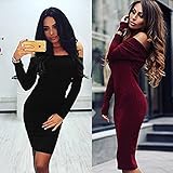 Women Off Shoulder Rib Knitted Pencil Midi Sweater Dress Solid