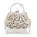 Emour Women Satin Rose Rhinestone Pure Color Handbag Evening Bags Wedding Handbags Carved Handle (Champagne)