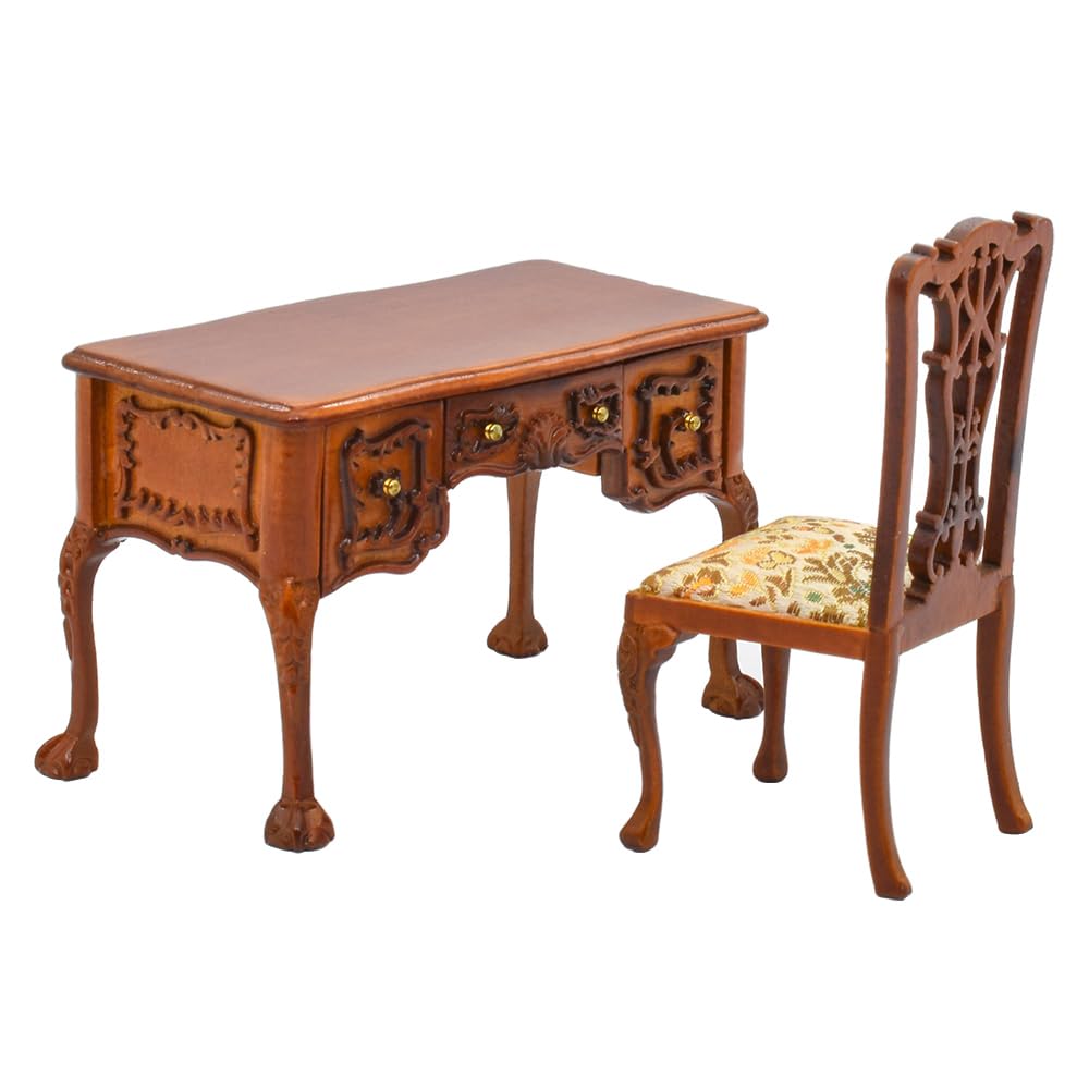 iLand Rococo Dollhouse Furniture 1:12 Scale Dollhouse Wooden Collectibles - Wooden Miniature Furniture for Collectors, Carved Mini Desk & Chair