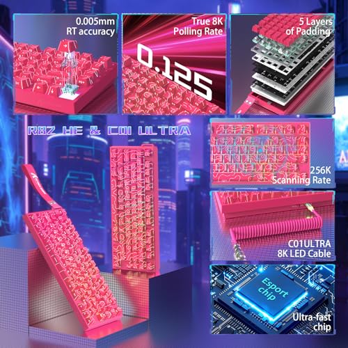 ATTACK SHARK R82 Wired 75% Gaming Keyboard, Magnetic Switches, 8K Hz, Ultra Precision 0.005 mm RT, RGB Backlighting, QWERTY, Sound Absorption, Includes C01ULTRA LED Cable (Contour Pink)