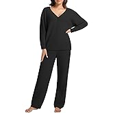 2 Piece Fleece Pajamas for Women Sets V-Neck Outfits Sweater Womens Long Sleeve Fuzzy Loungewear Pajama Set
