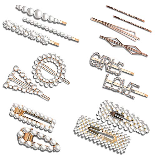15 PCS Hingwah Pearl Hair Clips Hair Barrettes, Gold Word Letter Jewelry, Rhinestones Crystal Hair Bobby Pins, Fashion Party, Birthday, Wedding Gifts, Bling Geometric Hair Accessories for Women Girls