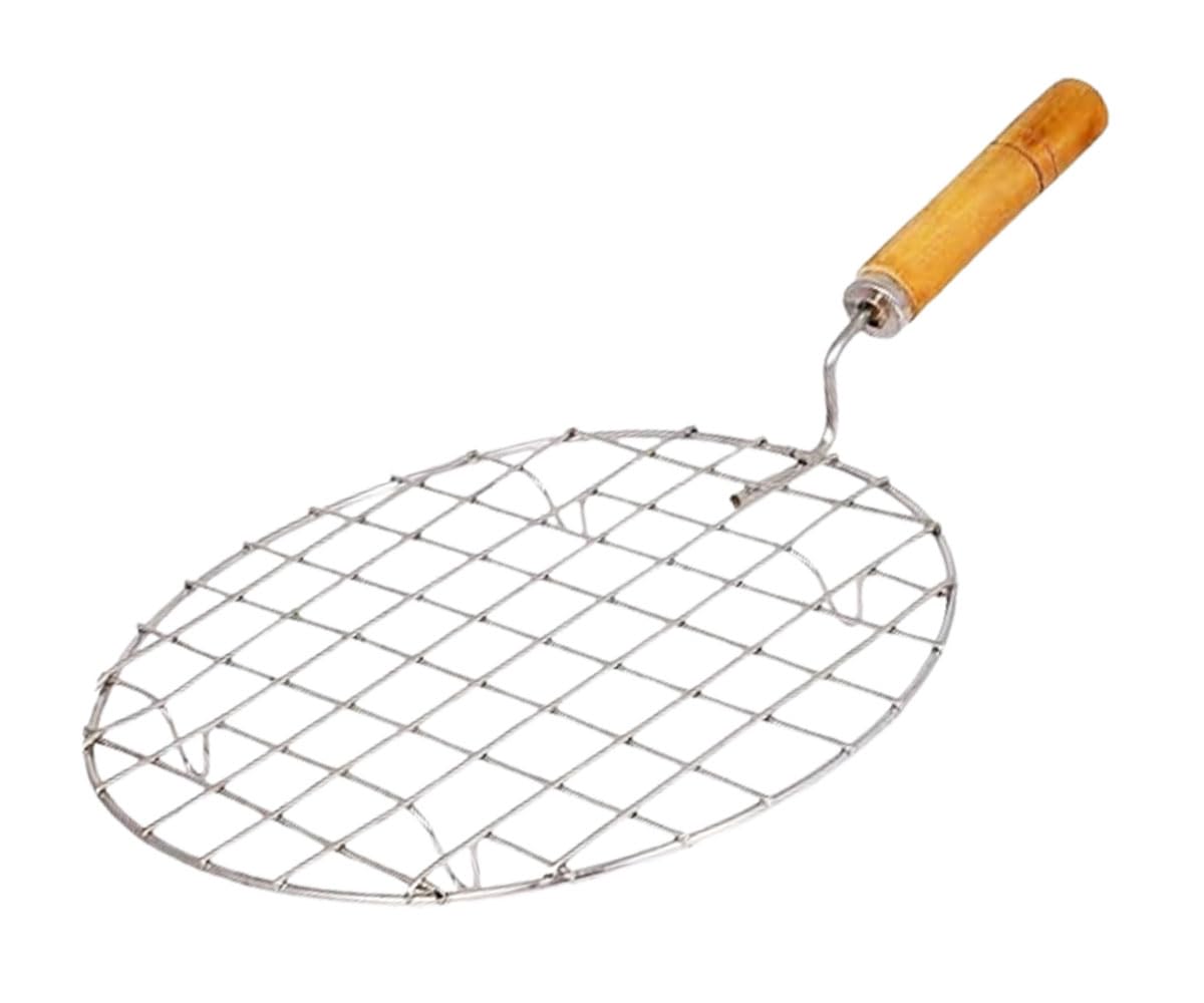 Satre Online and Marketing Stainless Steel Round Roasting Net with Wooden Handel, Roasting Jali, Wire Roaster, Papad Jali - 1 Pcs