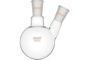 XCD Round Bottom Flask 250ml, 2-Neck RBF with 24/40 Standard Taper Outer Joints for High-Temp Reactions & Distillation