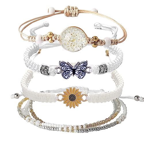 DS 4PCS String beads Charm Bracelets for Teen Girls Dainty cute cartoon Butterfly Daisy Eternal flower Beads Bracelets set for woman and girls Adjustable Stretch bracelet birthday Gift For Friends