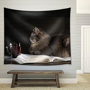 Gray Big Cat Lies on The Open Book. Nearby Stands a Cup of Tea or Coffee - Fabric Wall Tapestry Home Decor - 51x60 inches
