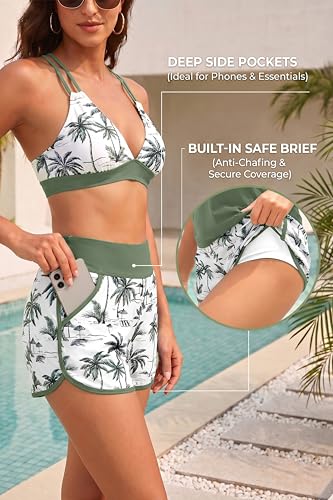 Women's 3 Piece Tankini Swimsuit Tummy Control with Bra Pocket Boy Shorts | Modest Bathing Suit, Athletic Style, Strappy-Back Support, High-Waist Fit, Built-In Brief, Side Pockets, Beach Swim Days