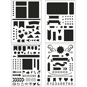 Image of Bullet Journal Stencil Set 4 Pack - Banners, Dividers, Icons Fits Leuchtturm & Moleskine A5 Notebooks, Best Used with Huhuhero Fineliners & Sakura Micron Pens, 5 X 7 inches