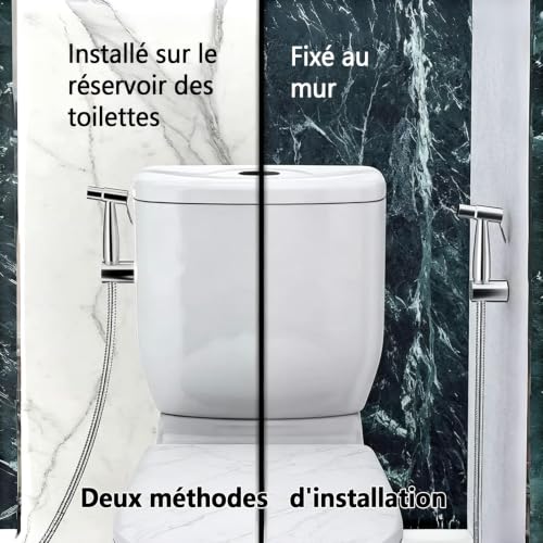 TEKXDD Kit Douchette WC, Douchette WC avec Tuyau 1,5 Mètre & Vanne 3 Voies (1/2"-3/8"), Salle de Bain, Hygiène Personnelle, Nettoyage des Couches, Facile à Installer, Argent