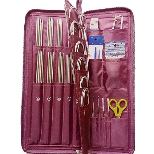 JOYOOO 104pcs Stainless Steel Straight Circular Knitting Needles Crochet Hook Weave in Different Sizes Set With Bag