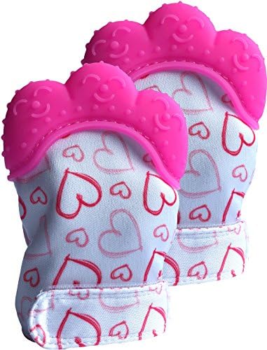 NEW Baby Teething Mittens 2 pack - BPA and phthalate free - Soothes Teething Babies - Soft Food Grade Silicone Teether Glove - Ideal Gift For New Mums, Parents (Pink)