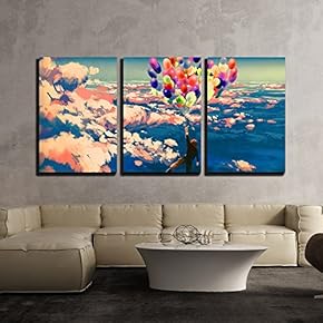3 Piece Canvas Wall Art - Illustration - Man Flying with Colorful Balloons in Beautiful Cloudy Sky - Modern Home Art Stretched and Framed Ready to Hang - 16"x24"x3 Panels