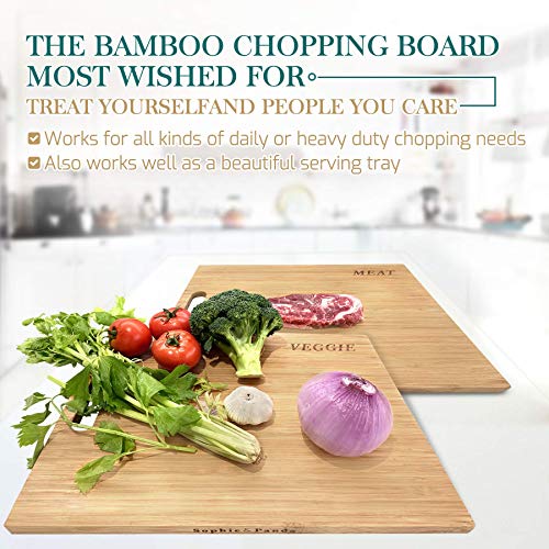 Sophie & Panda Organic Bamboo Cutting Boards for Kitchen - Enable cleaner and safer food preparation - Set of 2 chopping board to separate cutting Meat from Veggie - Cool Unique gift Butcher Block
