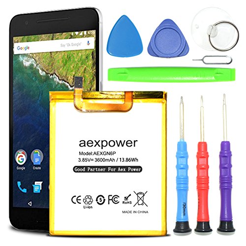 AexPower Google Nexus 6P Battery, 3600mAh Li-Polymer Replacement Battery HB416683ECW for Huawei Google Nexus 6P H1511 H1512 Phone | Nexus 6p Battery Replacement Repair Tool Kit