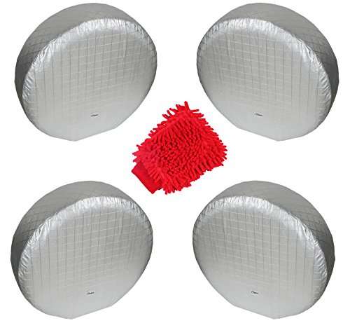 ThetaSkin Wheel Tire Cover for RV Auto Truck Car Motorhome Camper Trailer Dustproof Waterproof Silver Aluminum Protector Set of (4) Covers Fit 27” 28" 29" Tire Diameter + Red Wash Glove Kit
