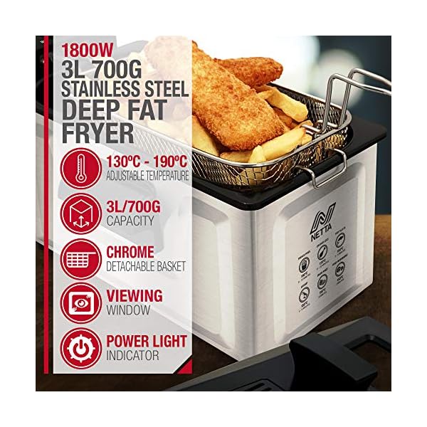 NETTA 3L Deep Fat Fryer with a Viewing Window, 700g Capacity, Temperature Control, Non-Slip Feet, Easy Clean, Powerful…
