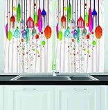 Ambesonne Kitchen Decor Collection, Home Decor Kitchenware Utensils Cutlery Abstract Modern Cafe Art Design Vibrant, Window Treatments for Kitchen Curtains 2 Panels, 55X39 Inches, White Pink Blue