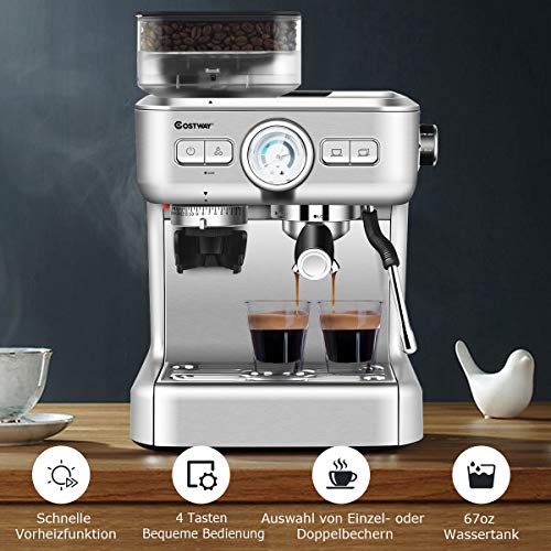 COSTWAY Siebträgermaschine mit 30 Stufen Mahlwerk, Kaffeemaschine mit Milchaufschäumdüse, Espressomaschine mit PID… – Bild 3