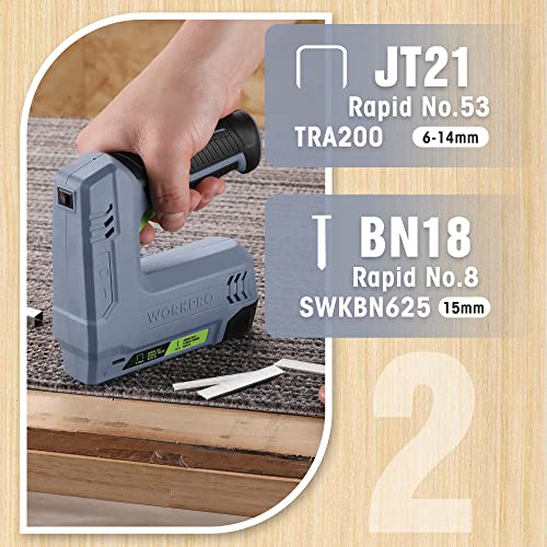 WORKPRO - Cordless Stapler (3.6V, 2000mAh, 2000 Staples, 2 in 1 Multifunction Stapler, Compatible with Type 53 Nails and Staples 8 for DIY Furniture Projects, Woodworking (Grey) | Multifunction Stapler Compatible with Nails and Staples Type 53/8 for DIY, Furniture and Carpentry