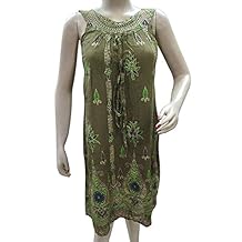 Mogul Women's Hippie Tunic Dress Green Sequin Embroidered Tank Top Blouse M