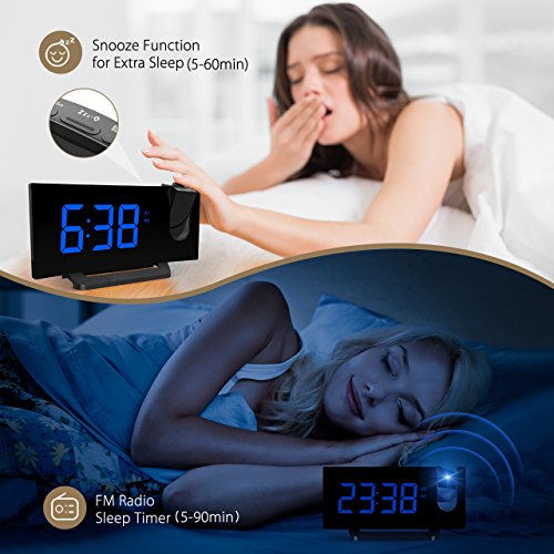 Mpow [Gen-2] Projection Alarm Clock, Arc-shaped Projection Clocks with 5 Inch Dimmer LED Display, Digital Clock Radios for bedroom with Dual Alarm, 12/24 Hours, Backup Battery (Black-Blue) - Thumbnail 6