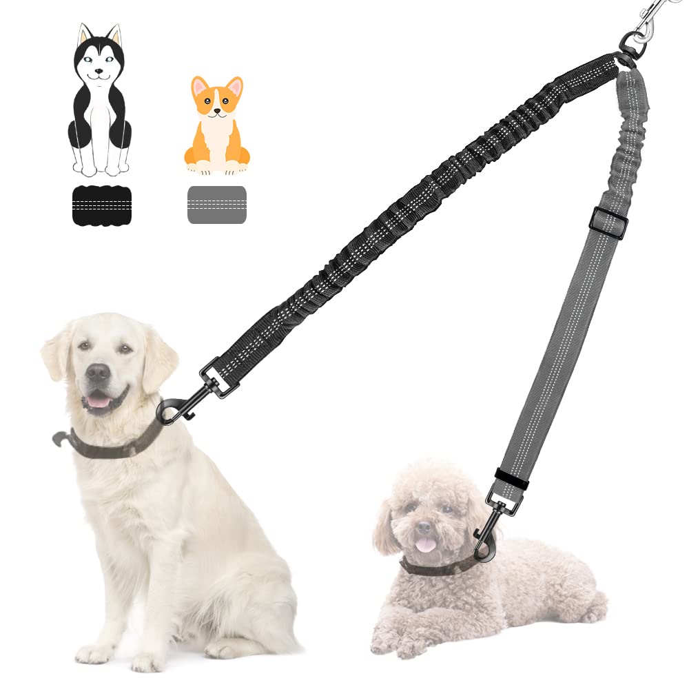 Nasjac Double Dog Leash Coupler, No Tangle Split Lead for Walking 2 Pet Dogs, Adjustable Reflective Safety Shock Absorbing Bungee Leads Splitter for Training Dual Doggy, Medium & Large Breeds